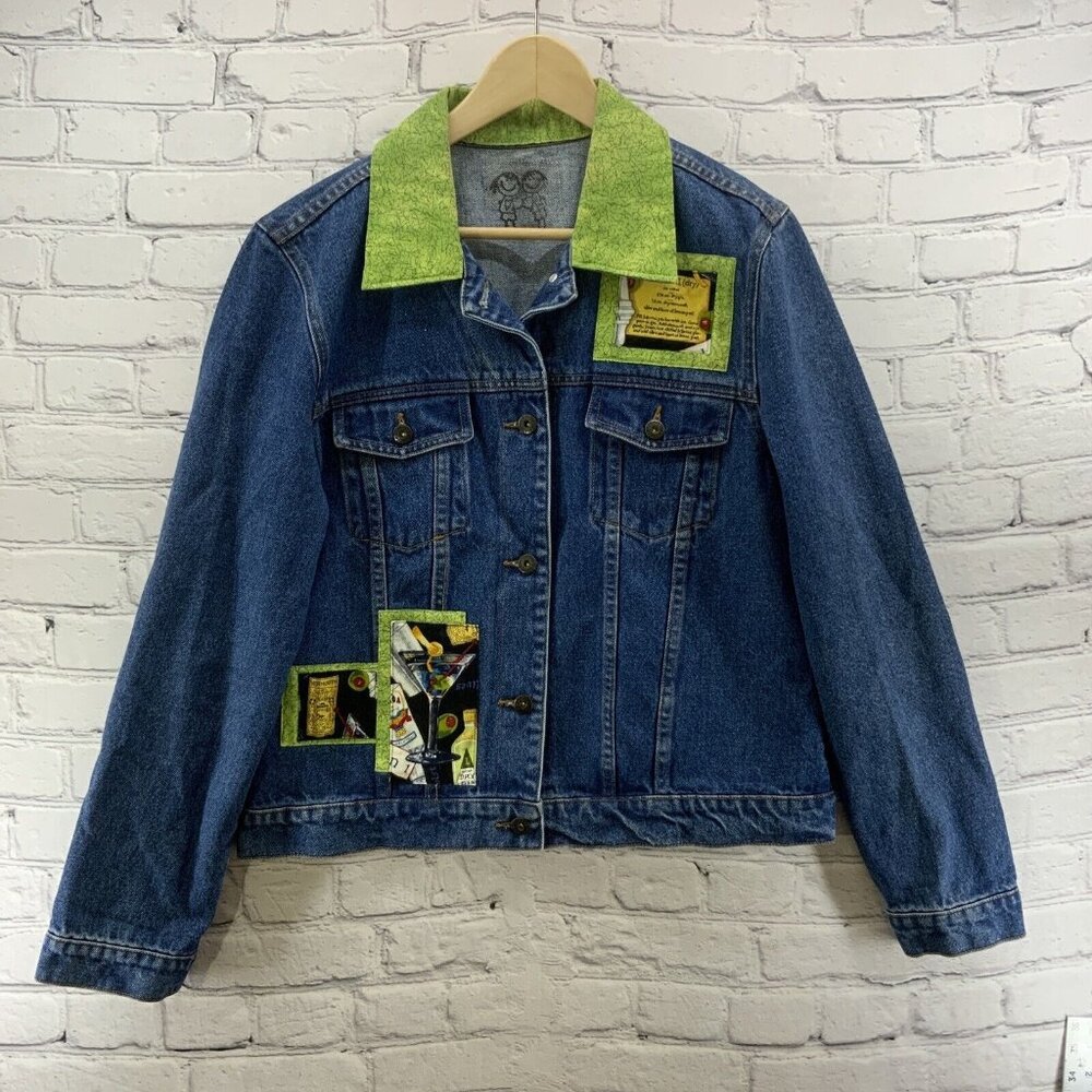 Boom Boom Jeans Denim Jacket Womens Sz L‎ Martini Decals Womens Green Trim